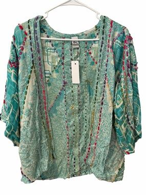 Raj Made in India Teal Embroidered Open Front Kimono Cardigan Small NWT